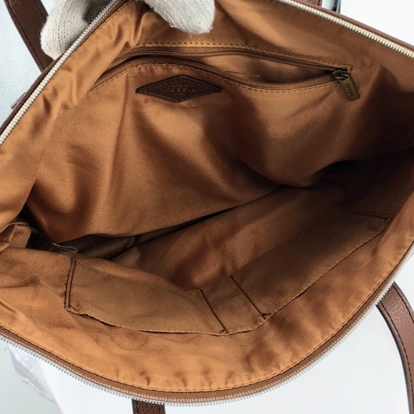 Fossil Canvas Tote Tan Floral Leaf Print Zip Top Medium Textile Shoulder Bag - Picture 10 of 16